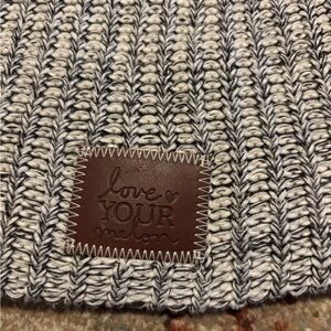Love Your Melon Gray & Cream Ribbed Knit Beanie with Brown Leather Patch